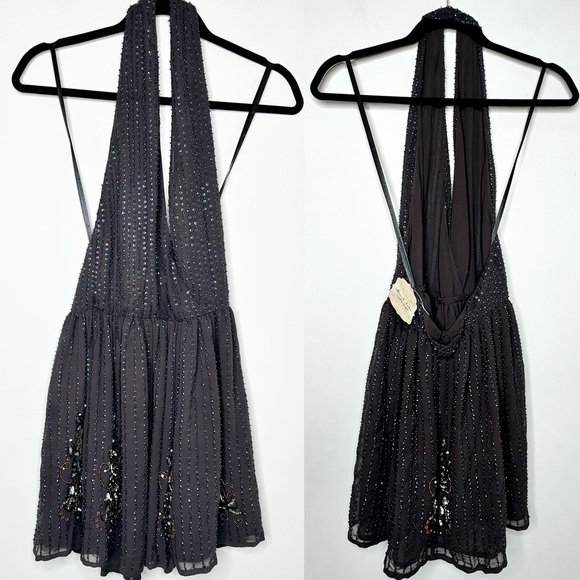 NWT Altar’d State Raven Beaded Sequin Backless Halter Mini Dress in Black - Picture 3 of 10